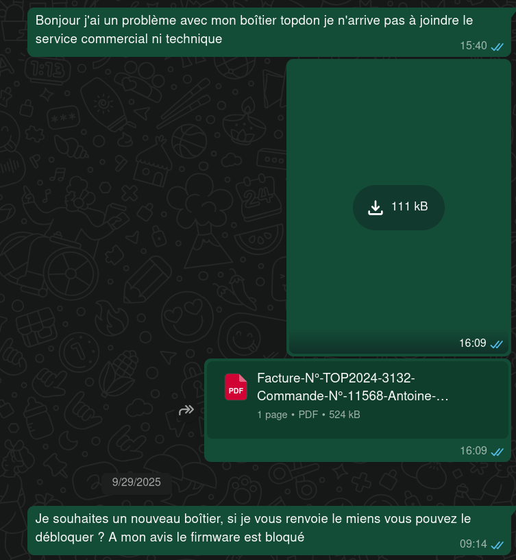 Topdon France WhatsApp support — no real response